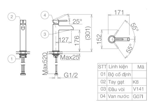 Bản vẽ kỹ thuật Vòi lavabo VIGLACERA VG141.1 nóng lạnh