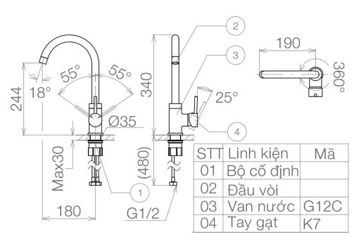 Bản vẽ kỹ thuật Vòi rửa bát VIGLACERA VG731 (VSD7031) nóng lạnh