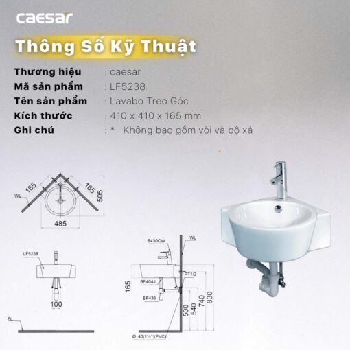 thong so ky thuat Chau lavabo treo tuong CAESAR LF5238 goc