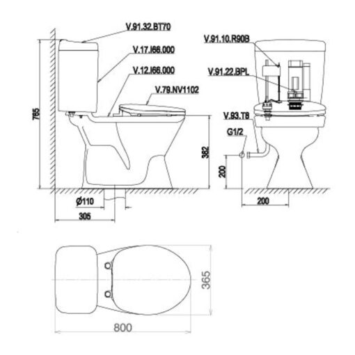 Bản vẽ kĩ thuật Bồn cầu 2 khối VIGLACERA VI28 nắp thường