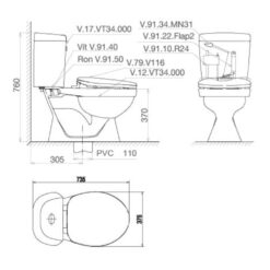 Bản vẽ kĩ thuật Bồn cầu 2 khối VIGLACERA VT34 nắp êm