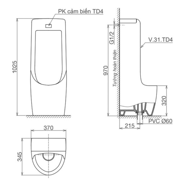 Bản vẽ kĩ thuật Bồn tiểu nam VIGLACERA TD4 đặt sàn cảm ứng dùng pin