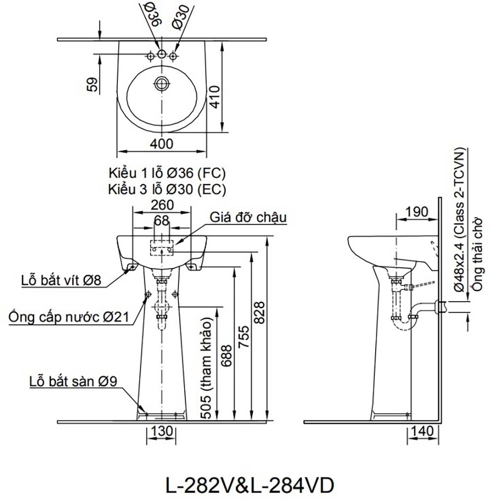 Bản vẽ kĩ thuật Chân chậu lavabo INAX L-284VD dài đặt sàn