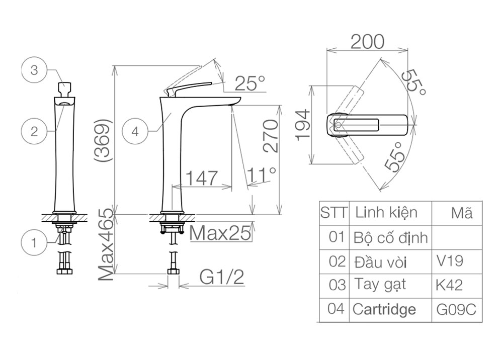 Bản vẽ kỹ thuật Vòi lavabo VIGLACERA VG142.1 cổ cao nóng lạnh