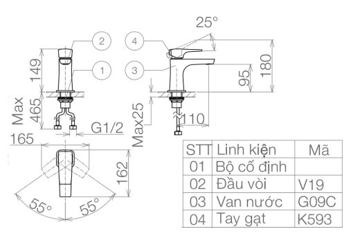 Bản vẽ kỹ thuật Vòi lavabo VIGLACERA VG143 (VSD143) nóng lạnh