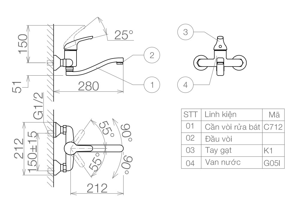 Bản vẽ kỹ thuật Vòi rửa bát VIGLACERA VG701 (VG-701) nóng lạnh gắn tường