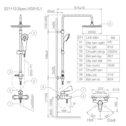 Bản vẽ kỹ thuật Vòi sen cây VIGLACERA VG515.1 nóng lạnh