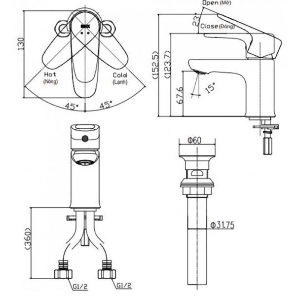 Bản vẽ kỹ thuật Vòi chậu lavabo INAX LFV-1112S nóng lạnh 1 lỗ
