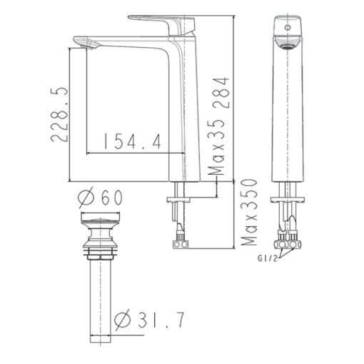 Bản vẽ kỹ thuật Vòi lavabo American Standard WF-1702CS cổ cao nóng lạnh