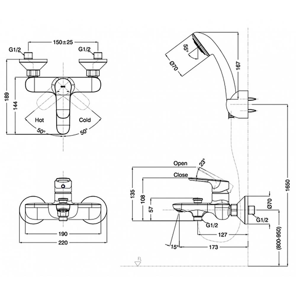 Bản vẽ kỹ thuật Vòi sen tắm INAX BFV-1403S-3C nóng lạnh