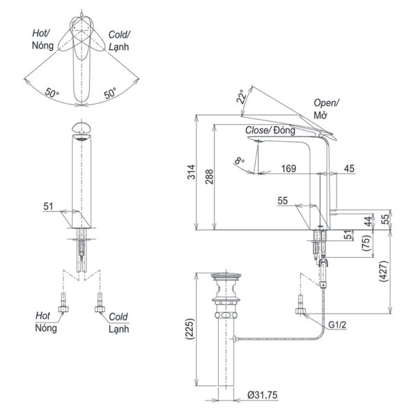 Bản vẽ kỹ thuật Vòi lavabo TOTO TLP03301A1 nóng lạnh cổ cao
