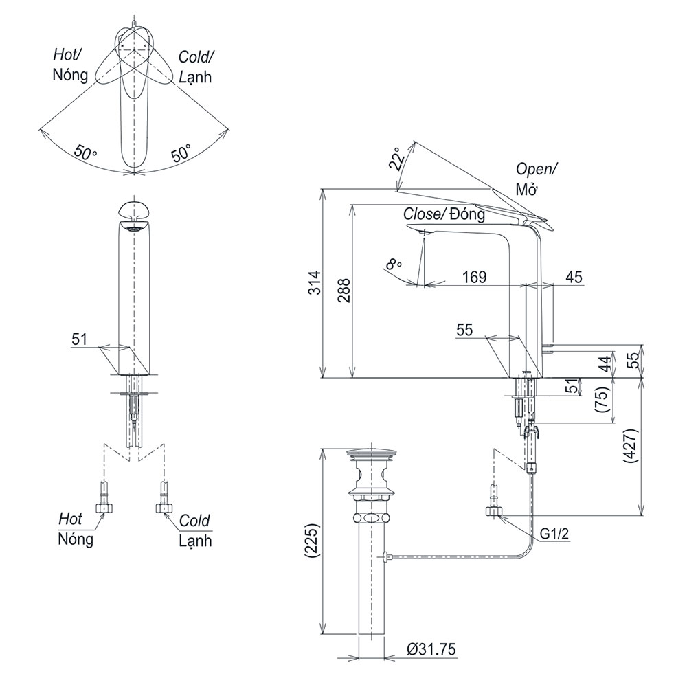 Bản vẽ kỹ thuật Vòi lavabo TOTO TLP03301A1 nóng lạnh cổ cao