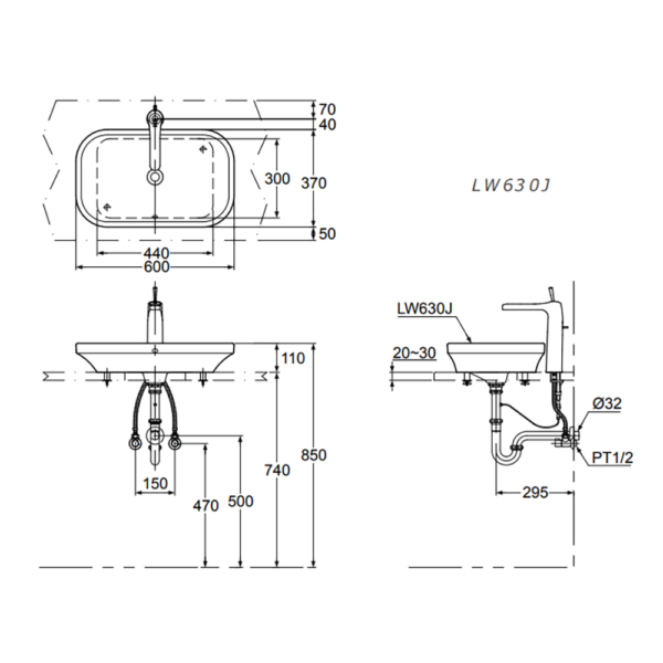Bản vẽ kĩ thuật chậu lavabo TOTO LW630JW/F đặt bàn
