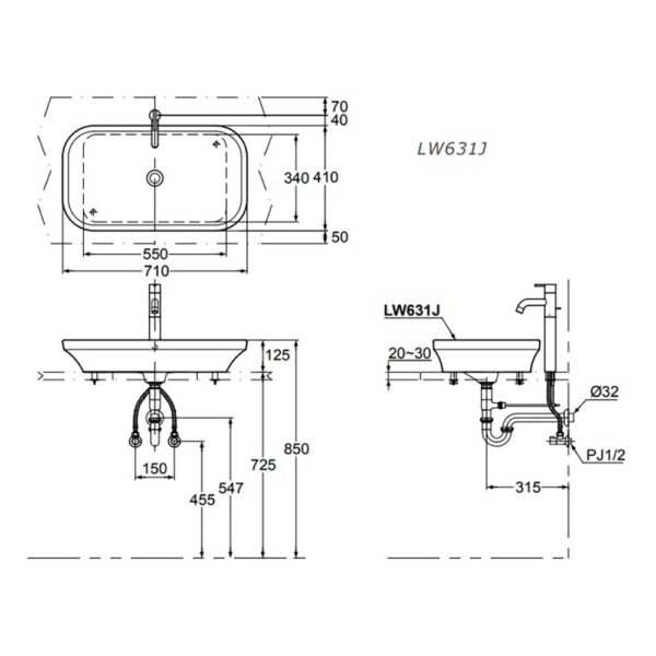 Bản vẽ kĩ thuật chậu lavabo TOTO LW631JW/F đặt bàn