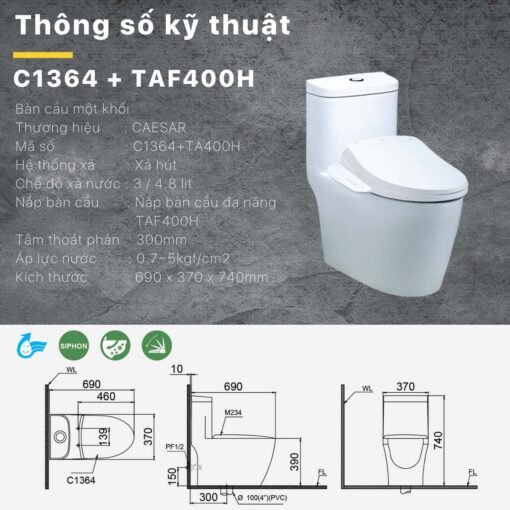 thong so ky thuat Bon cau thong minh CAESAR C1364F TAF400H CD1364 nap rua dien tu