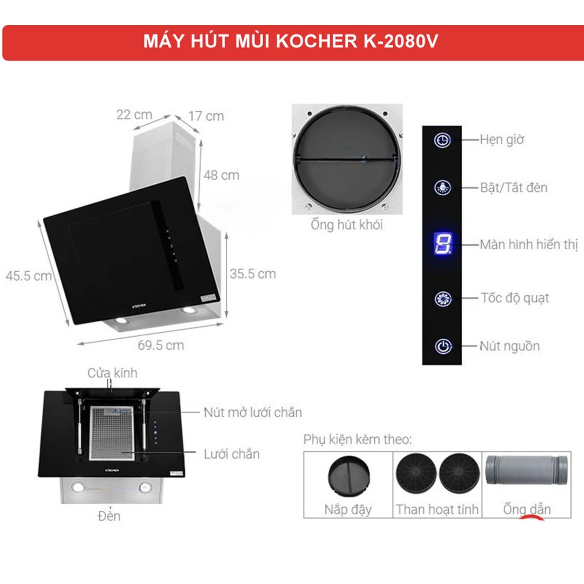Máy hút mùi KOCHER K-2080V 70cm/90cm kính vát - Ảnh 3
