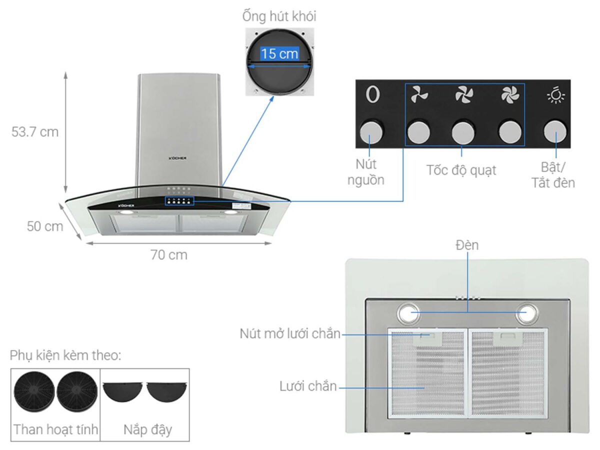Máy hút mùi KOCHER K 8370XS 70cm 90cm kính cong - Ảnh 2