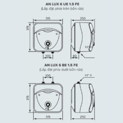 Bản vẽ kỹ thuật Bình nóng lạnh ARISTON ANDRIS AN LUX 6 UE BE (CẤP TRÊN DƯỚI) BẾP 6L lít gián tiếp