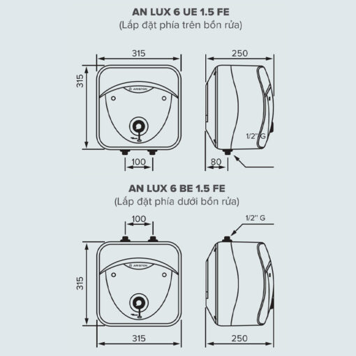 Bản vẽ kỹ thuật Bình nóng lạnh ARISTON ANDRIS AN LUX 6 UE BE (CẤP TRÊN DƯỚI) BẾP 6L lít gián tiếp