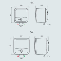 Bản vẽ kỹ thuật Bình nóng lạnh ARISTON ANDRIS2 AN2 15 30 R AG+ 15L 30L lít vuông gián tiếp 2.5FE 2500w