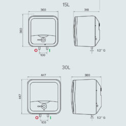 Bản vẽ kỹ thuật Bình nóng lạnh ARISTON ANDRIS2 AN2 15 30 RS 15L 30L lít vuông gián tiếp 2.5FE 2500w