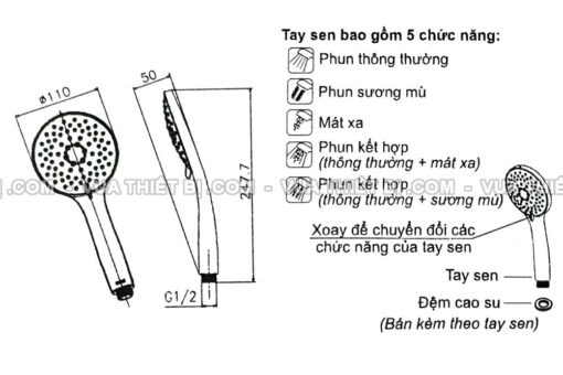 Bản vẽ kĩ thuật Tay sen tắm INAX BF-SC9 (-9C) 4 chế độ