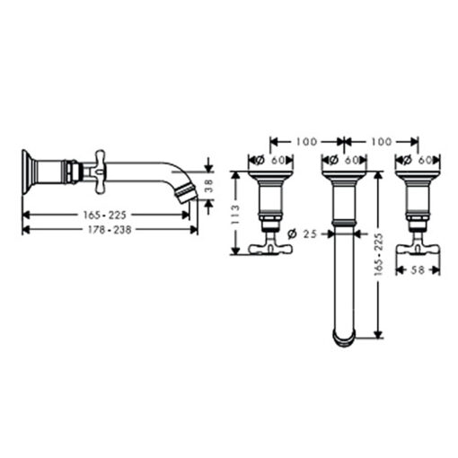 Bản vẽ kích thước Vòi lavabo HANSGROHE AXOR Montreux 589.30.013 gắn tường nóng lạnh