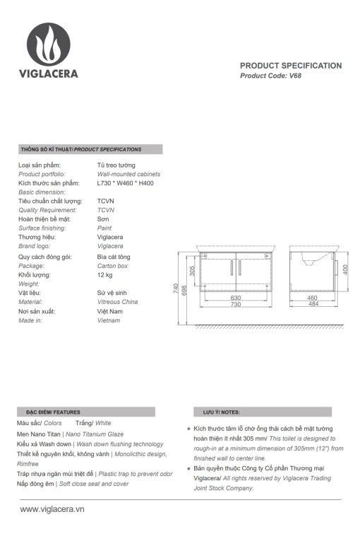 Thông-số-kĩ-thuật-Tủ lavabo-VIGLACERA-V68-Chậu-CB68-treo-tường