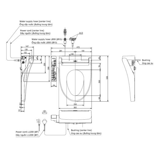 Bản vẽ kỹ thuật Nắp rửa điện tử TOTO TCF23460AAA (W17)