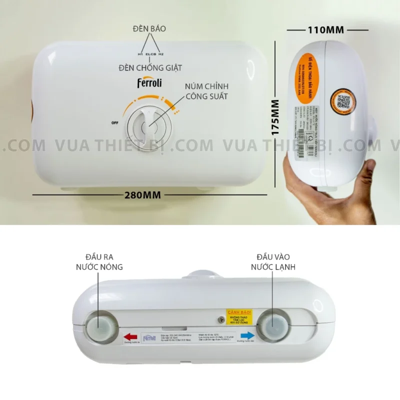 Thong so ky thuat May nuoc nong truc tiep Ferroli RITA FS 4.5 TE chong giat tay sen 4500w