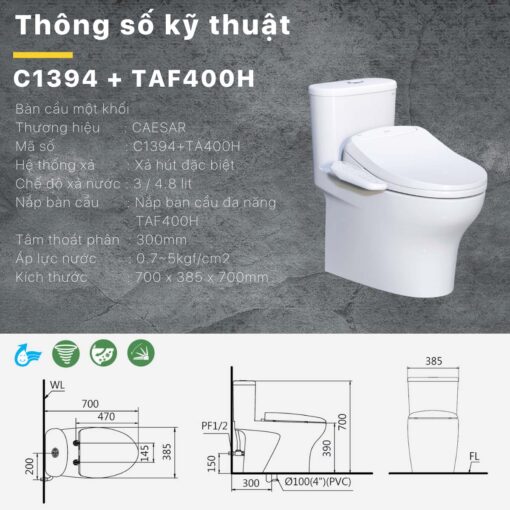 thong so ky thuat Bon cau thong minh CAESAR C1394F TAF400H CD1394 nap rua dien tu