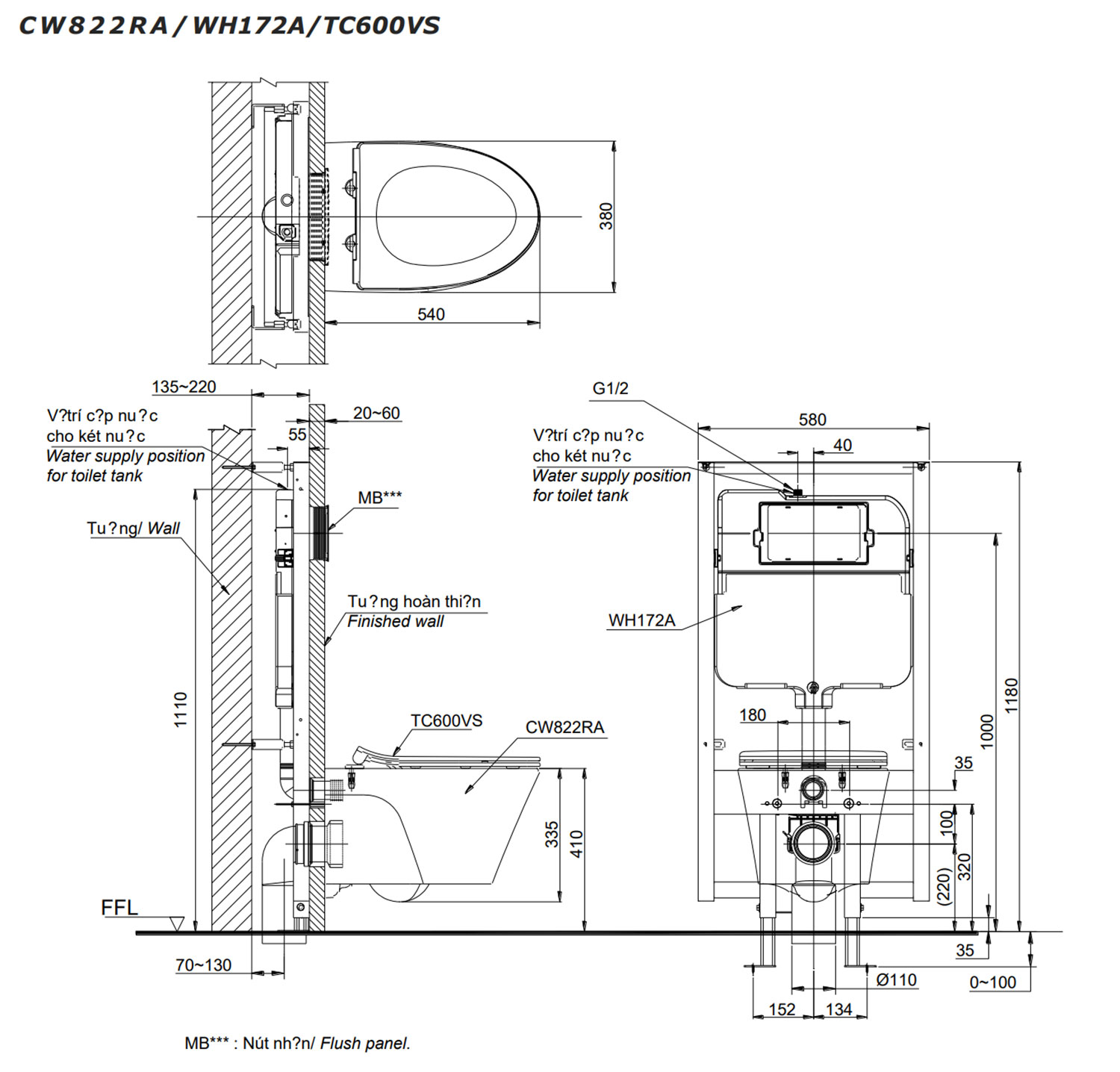 Bản vẽ kĩ thuật Bồn cầu treo tường CW822RA TC600VS WH172A MB170P#SS nắp êm