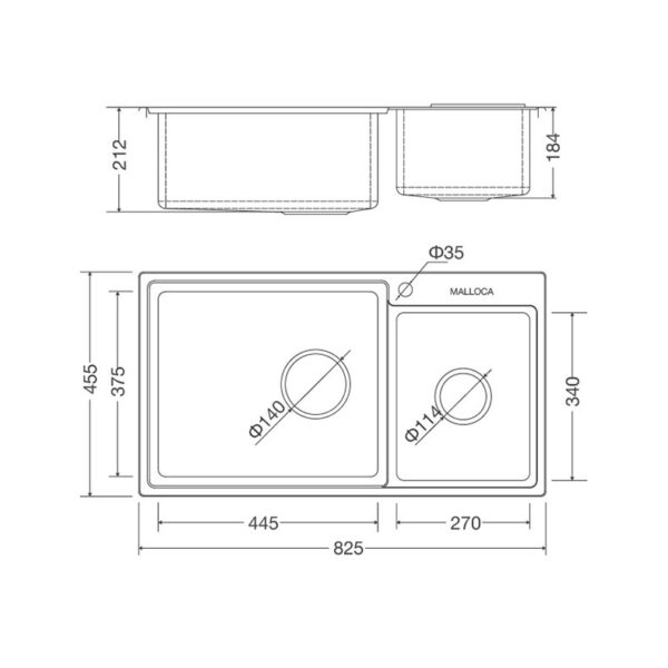 Ban ve kich thuoc chau rua bat Inox MALLOCA MS 8801