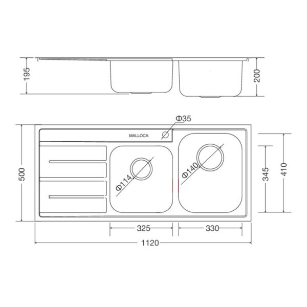 Ban ve kich thuoc chau rua bat Inox Malloca MS 1027L NEW