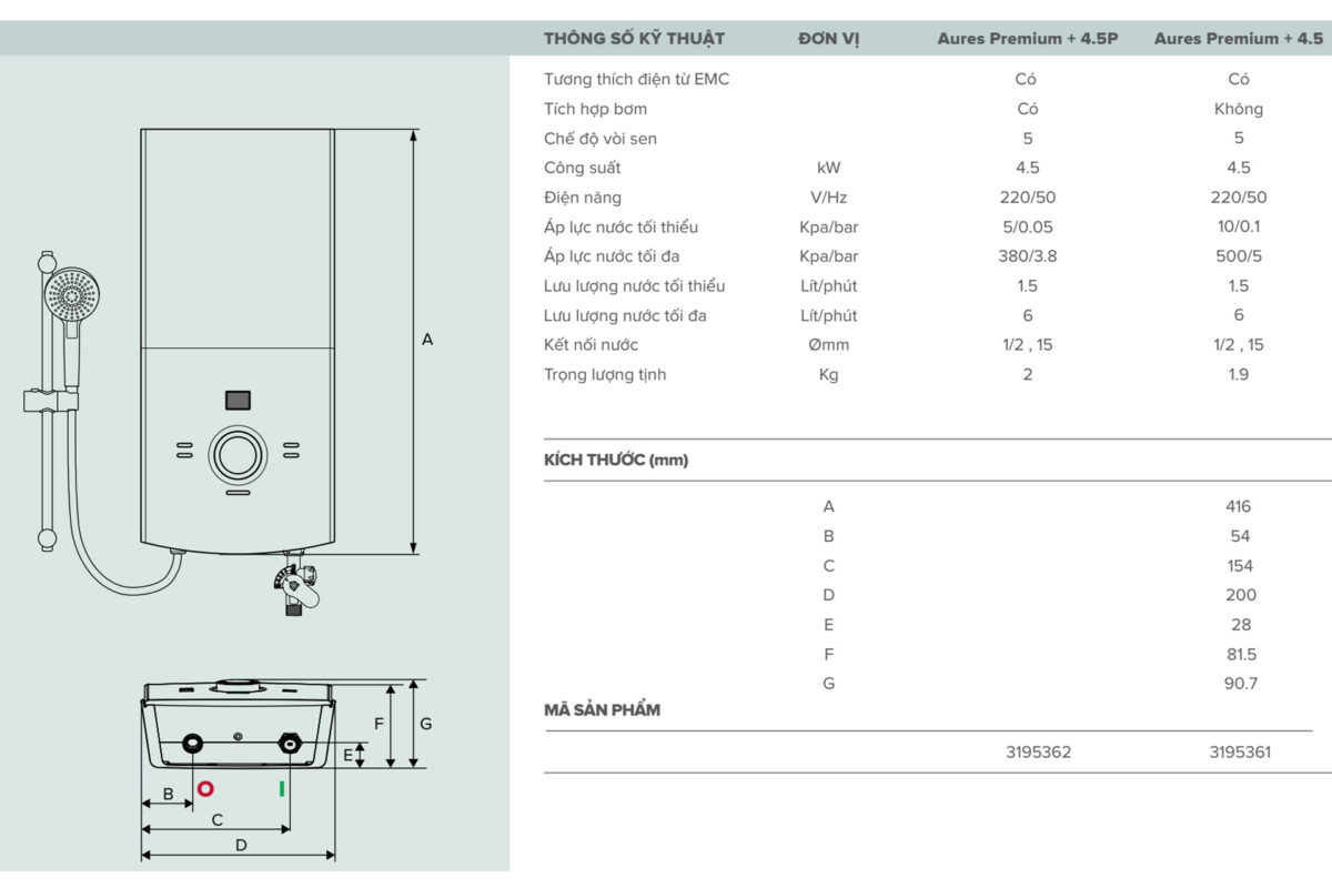 Ban ve ky thuat May nuoc nong truc tiep ARISTON AURES PREMIUM 4.5P co bom 4500w