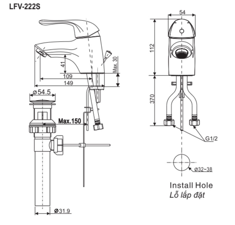 Bản vẽ kỹ thuật Vòi lavabo INAX LFV-222S nóng lạnh 1 lỗ