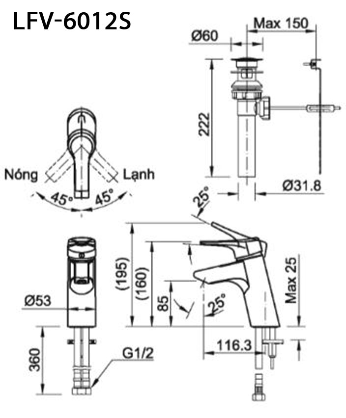 Bản vẽ kỹ thuật Vòi chậu lavabo INAX LFV-6012S nóng lạnh 1 lỗ