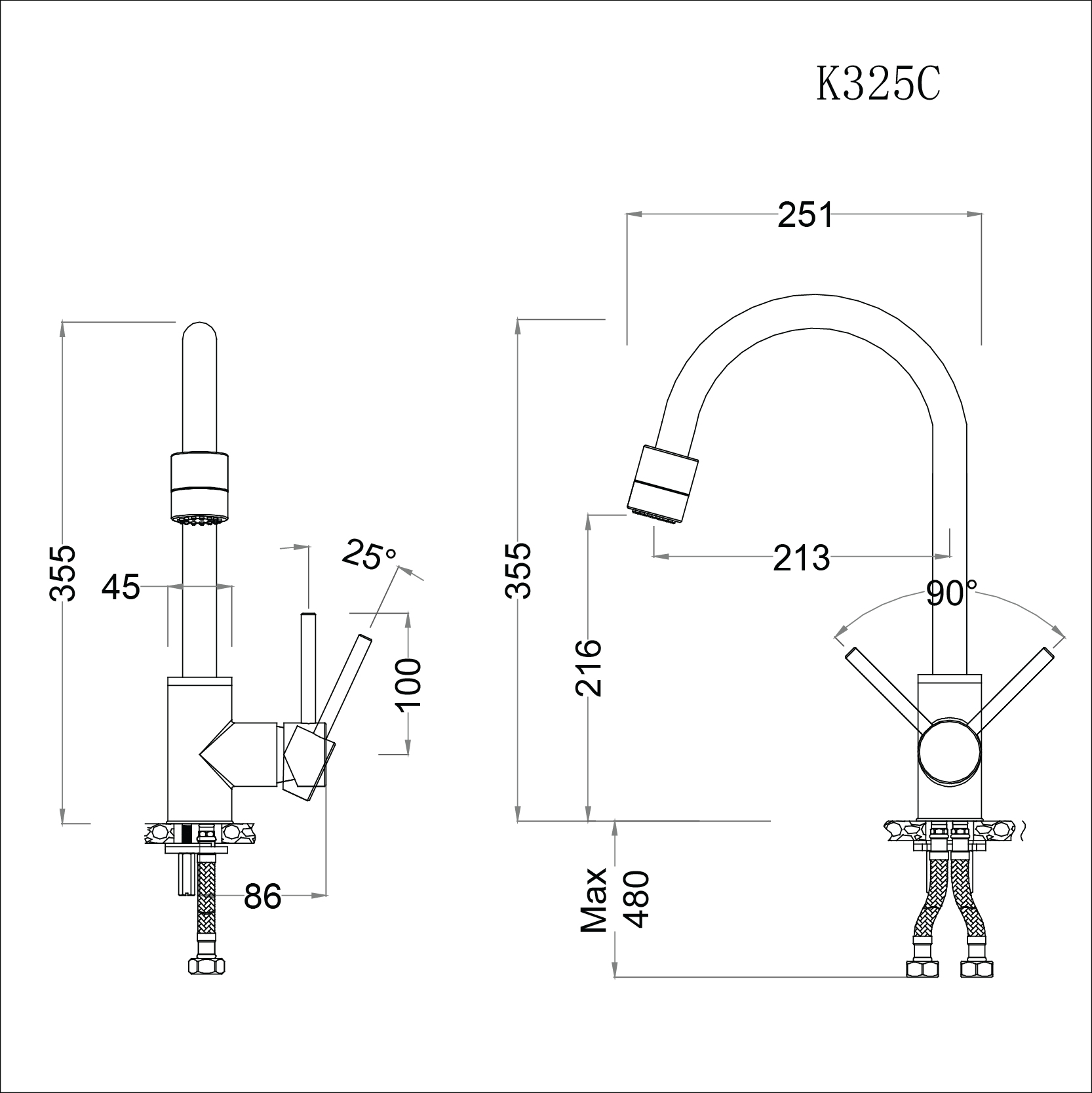 Bản vẽ kỹ thuật Vòi rửa bát CAESAR K325C nước lạnh