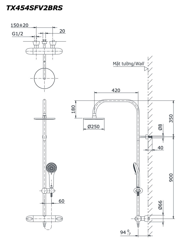 Bản vẽ kỹ thuật Vòi sen cây TOTO TX454SFV2BRS nhiệt độ