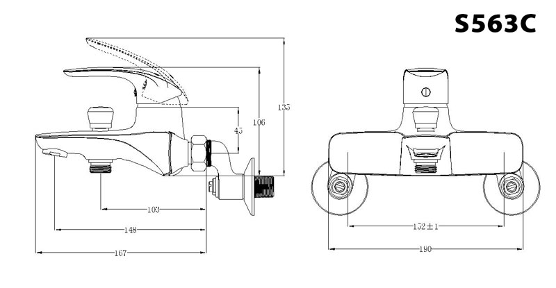 Bản vẽ kỹ thuật Vòi sen tắm CAESAR S563C nóng lạnh tay 3 chế độ