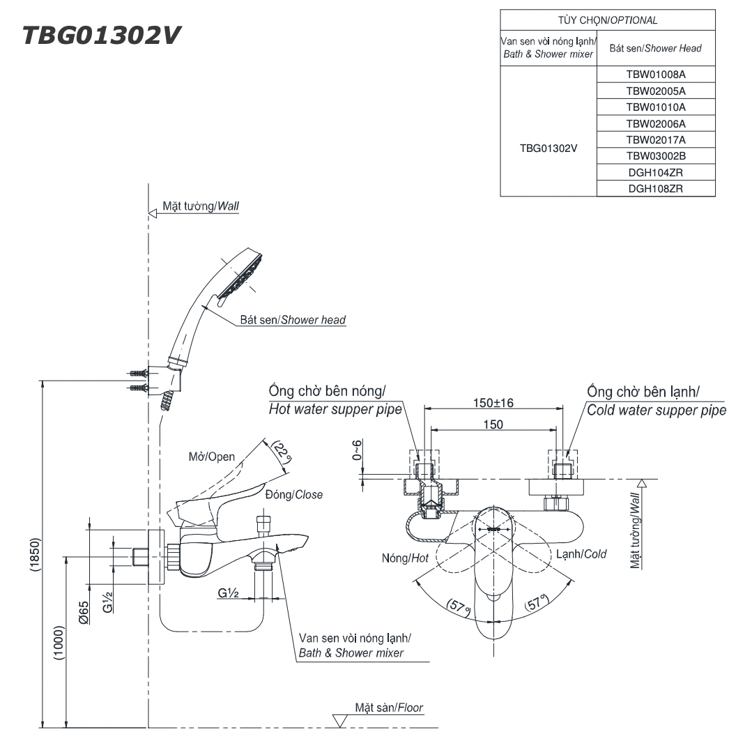 Bản vẽ kỹ thuật Vòi sen tắm TOTO TBG01302V nóng lạnh