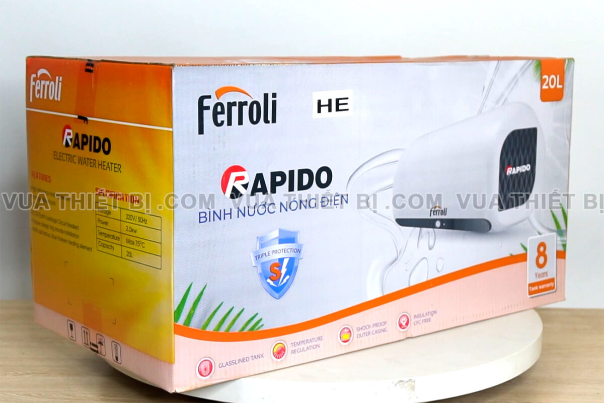 Binh nong lanh FERROLI RAPIDO HE 15L 20L 30L lit ngang gian tiep 2500w