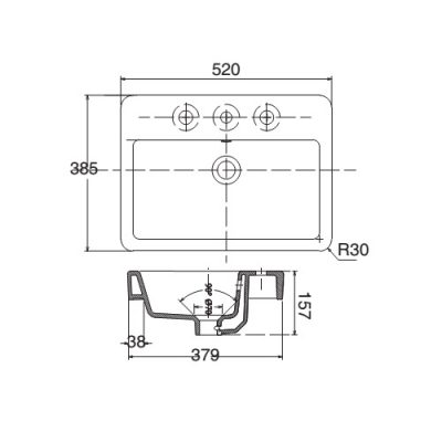 Bản vẽ kĩ thuật Chậu rửa mặt lavabo VIGLACERA V29 đặt bàn