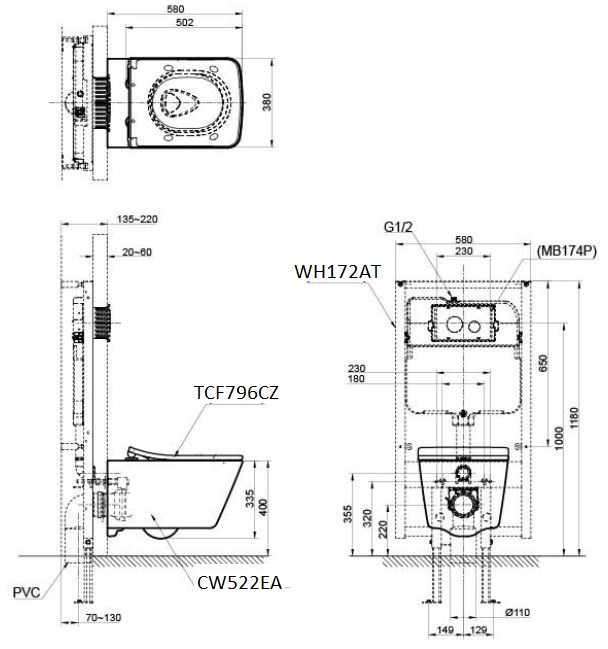 Bản vẽ kĩ thuật Bồn cầu treo tường TOTO CW522EA TCF796CZ WH172AT nắp rửa điện tử