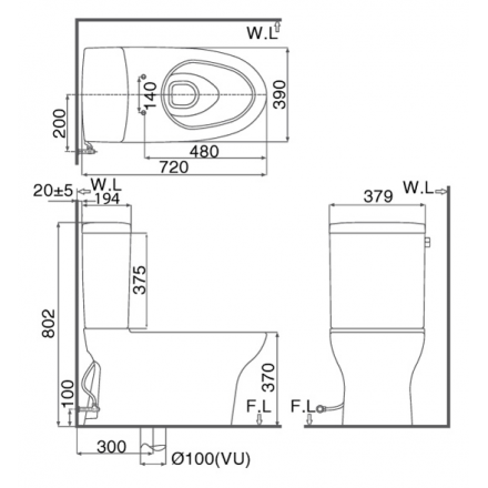 Bản vẽ bệt inax 927 nắp điện tử CW-KA22