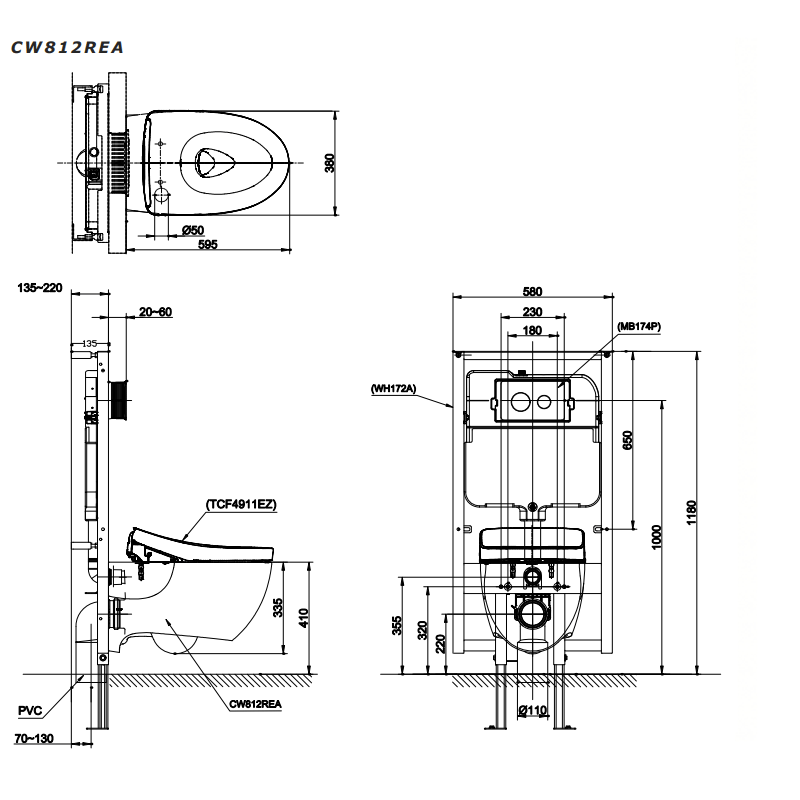 Bản vẽ kĩ thuật Bồn cầu treo tường TOTO CW812REA TCF4911EZ (W12) WH172AT TCA465 nắp rửa điện tử, nắp tự đóng mở