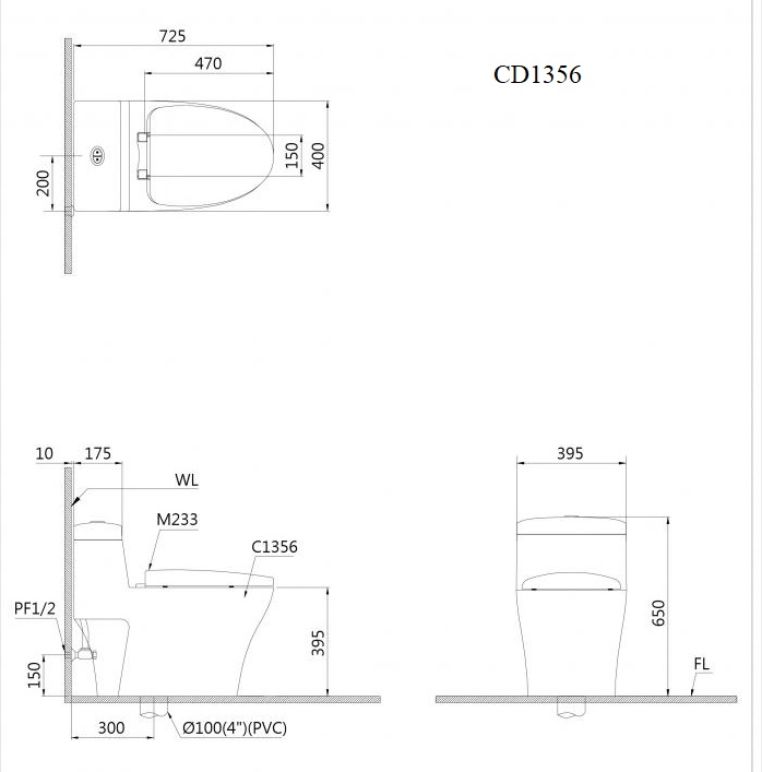 Bản vẽ kĩ thuật Bồn cầu 1 khối CAESAR CD1356 nắp êm M256