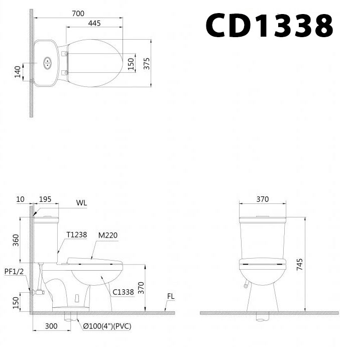 Bản vẽ kĩ thuật Bồn cầu 2 khối CAESAR CD1338 nắp thường M220