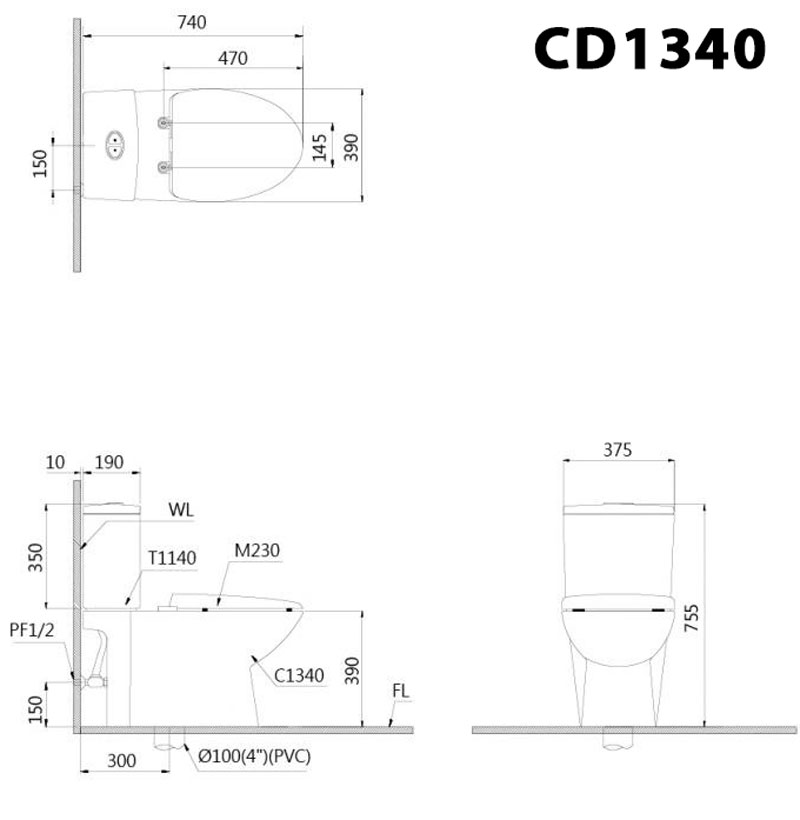 Bản vẽ kĩ thuật Bồn cầu 2 khối CAESAR CD1340 nắp êm M232