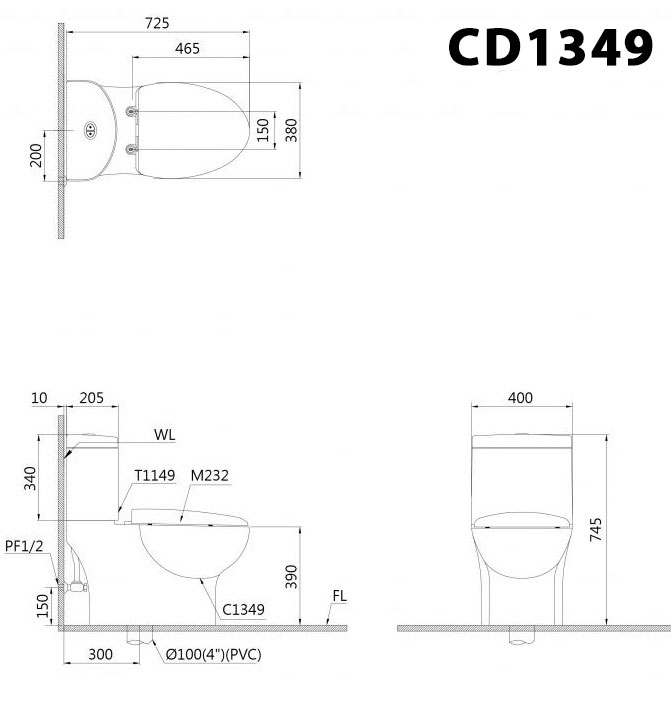 Bản vẽ kĩ thuật Bồn cầu 2 khối CAESAR CD1349 nắp êm M232